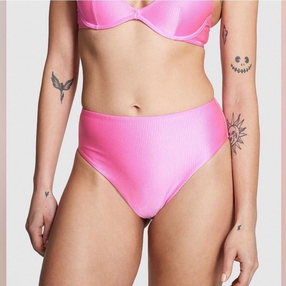 Victoria's Secret PINK Ribbed High Waist Bikini Bottom Hot Pink Size M New